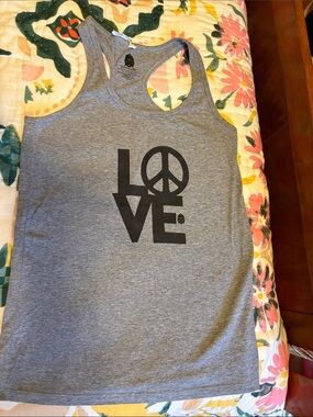 Gray Racerback Tank with Black LOVE Peace Graphic